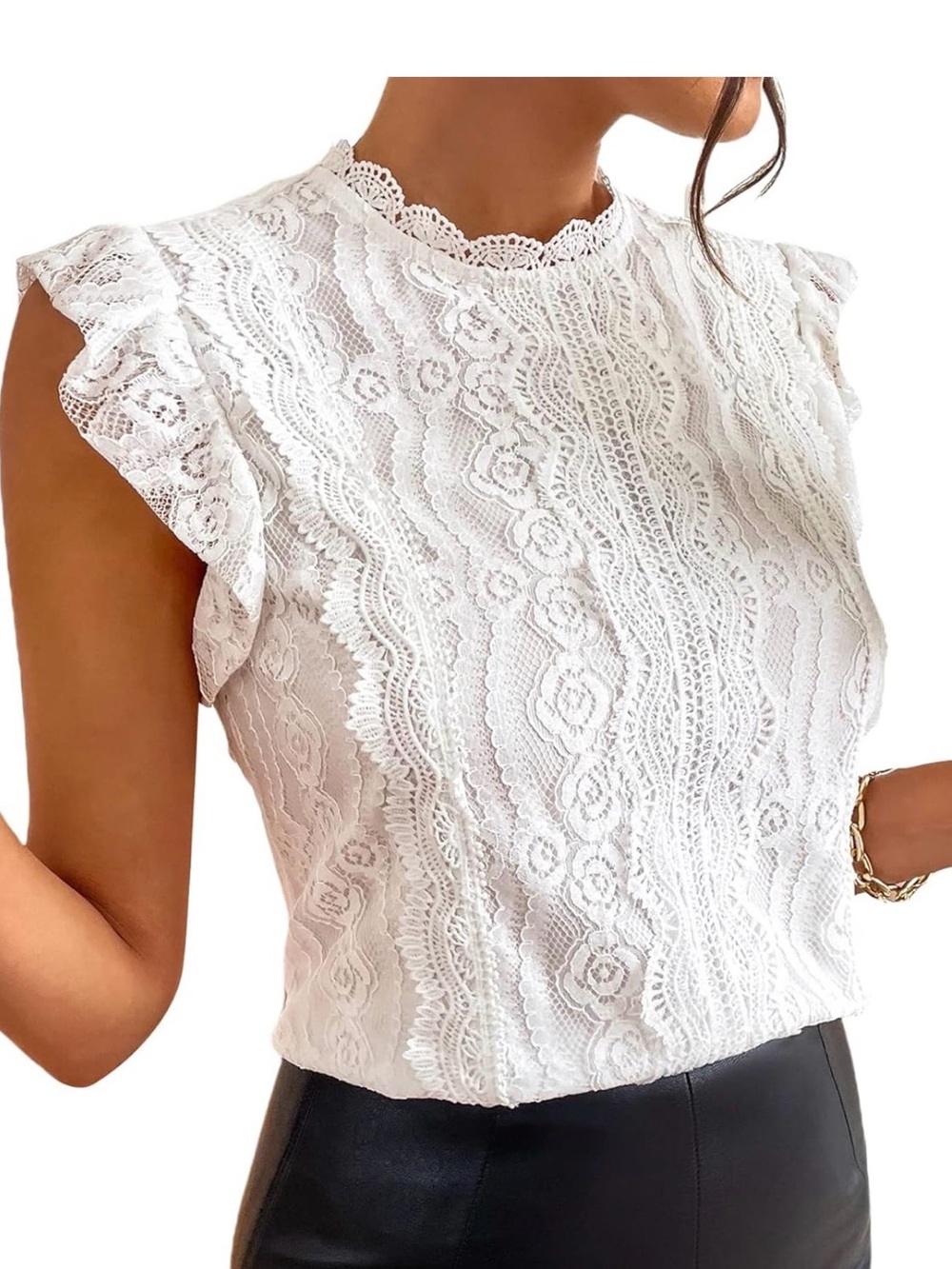 Women's White Lace Ruffle Sleeve Blouse